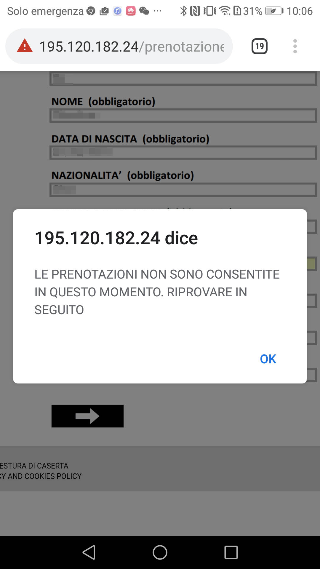 Attemp to make an appointment on questura's web site fails